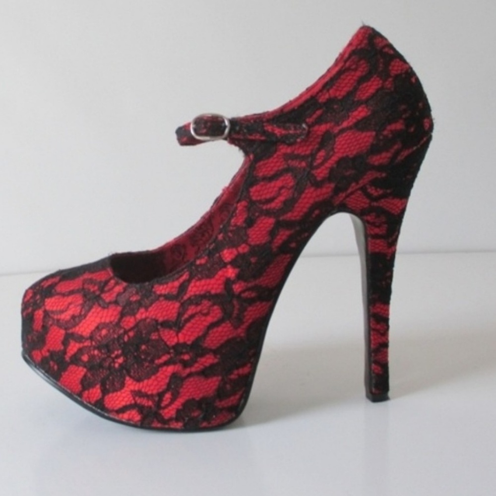 Bordello Red Mary Jane Shoes Black Lace Heels 8